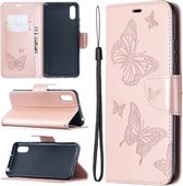 Voor Xiaomi Redmi 9A Twee Vlinders Embossing Patroon Horizontale Flip Leren Case met Houder & Kaartsleuf & Portemonnee & Lanyard (Rose Goud)