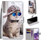 Voor Samsung Galaxy S21 + 5G Gekleurde tekening Cross Texture Horizontale Flip PU lederen hoes met houder & kaartsleuven & portemonnee & lanyard (Oblique Hat Blue Mirror Cat)