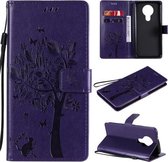Voor Nokia 3.4 Tree & Cat Pattern Pressed Printing Horizontale Flip PU lederen tas met houder & kaartsleuven & portemonnee & lanyard (paars)