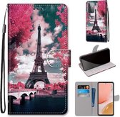 Voor Samsung Galaxy A72 5G Gekleurde Tekening Cross Textuur Horizontale Flip PU Lederen Case met Houder & Kaartsleuven & Portemonnee & Lanyard (Pink Flower Tower Bridge)
