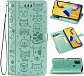 Voor Galaxy M30S schattige kat en hond reliëf horizontale flip lederen tas met beugel / kaartsleuf / portemonnee / lanyard (groen)