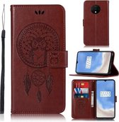 Voor OnePlus 7T Windgong Uil Embossing Patroon Horizontale Flip Leren Case met Houder & Kaartsleuven & Portemonnee (Bruin)