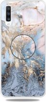 Voor Galaxy A50 reliëf gelakt marmer TPU beschermhoes met houder (goudgrijs)