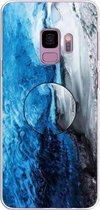 Voor Galaxy S9 reliëf gelakt marmer TPU beschermhoes met houder (donkerblauw)