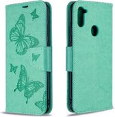 Voor Galaxy A11 Twee vlinders reliëfpatroon horizontaal Flip lederen tas met houder & kaartsleuf & portemonnee & lanyard (groen)