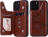 Vlinder reliëfpatroon schokbestendig beschermhoesje met houder & kaartsleuven en fotolijst voor iPhone 12/12 Pro (bruin)