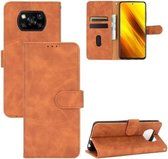 Voor Geschikt voor Xiaomi Poco X3 NFC Effen kleur Huidgevoel Magnetische gesp Horizontale flip kalftextuur PU lederen tas met houder & kaartsleuven & portemonnee (bruin)