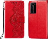 Voor Huawei P40 Pro Flower Vine Embossing Pattern Horizontale Flip Leather Case met Card Slot & Holder & Wallet & Lanyard (Red)