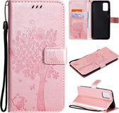Voor Samsung Galaxy A02s Tree & Cat Pattern Pressed Printing Horizontale Flip PU Leather Case met houder & kaartsleuven & portemonnee & Lanyard (Rose goud)