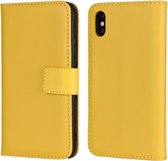 Leren horizontale flip-holster voor iPhone X / XS met magnetische sluiting en beugel en kaartsleuf en portemonnee (geel)