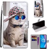 Voor Alcatel 1SE (2020) Gekleurde Tekening Cross Texture Horizontale Flip PU Leren Case met Houder & Kaartsleuven & Portemonnee & Lanyard (Slant Hat Blue Mirror Cat)