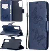 Voor Samsung Galaxy S21 + 5G Embossing Two Butterflies Pattern Horizontale Flip PU Leather Case met houder & kaartsleuf & portemonnee & Lanyard (blauw)