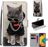 Voor Samsung Galaxy A30 & A20 Gekleurde tekening Cross Texture Horizontale Flip PU lederen tas met houder & kaartsleuven & portemonnee & lanyard (Golden Chain Grey Cat)