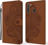 Voor Samsung Galaxy A21 (Amerikaanse versie) Pauw reliëfpatroon Horizontale flip lederen tas met houder & kaartsleuven & portemonnee & lanyard (bruin)