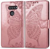 Voor LG K50S vlinder liefde bloem reliëf horizontale flip lederen tas met beugel / kaartsleuf / portemonnee / lanyard (rose goud)