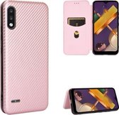 Voor LG K22 Carbon Fiber Texture Magnetische Horizontale Flip TPU + PC + PU Leather Case met Card Slot (Pink)