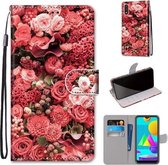 Voor Samsung Galaxy M01 Gekleurde Tekening Cross Textuur Horizontale Flip PU Lederen Case met Houder & Kaartsleuven & Portemonnee & Lanyard (Pink Rose Garden)