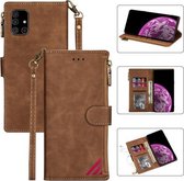 Voor Samsung Galaxy A71 5G Rits Multi-kaartsleuven Horizontale Flip PU lederen tas met houder & kaartsleuven & portemonnee & Lanyard & fotolijst (bruin)