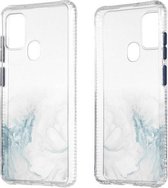 Voor Samsung Galaxy A21s marmerpatroon glitterpoeder schokbestendig TPU + acryl beschermhoes met afneembare knoppen (babyblauw)