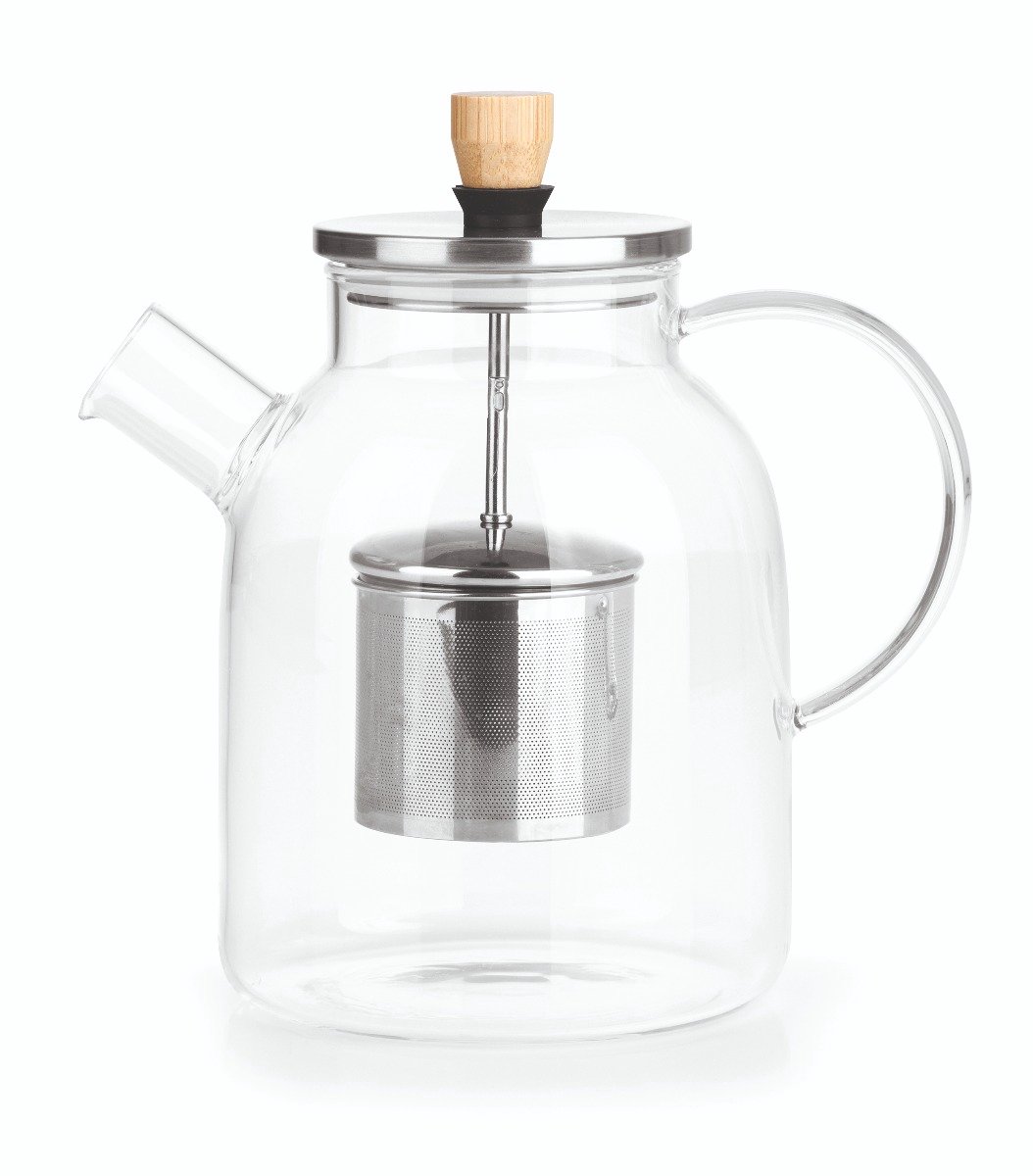 BEEM Teapot Glass, Glazen theepot met theefilter – 1,5L, Glas/Bamboo/RVS