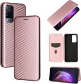 Voor vivo V21 koolstofvezel textuur magnetische horizontale flip tpu + pc + pu lederen tas met kaartsleuf (roze)