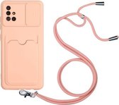 Voor Samsung Galaxy A51 Sliding Camera Cover Design TPU Beschermhoes met Card Slot & Neck Lanyard (roze)