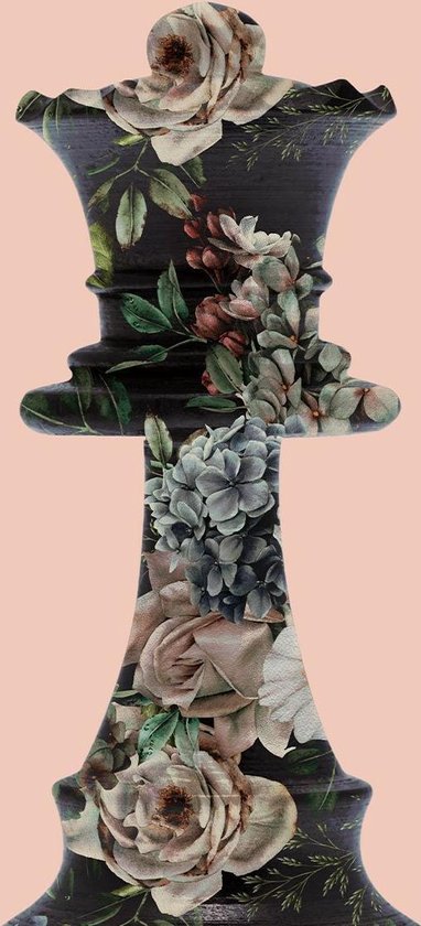 Schaakstuk (koningin) bedekt met een donker patroon van roze, witte en blauwige bloemen.