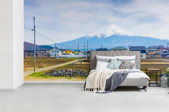Papier peint Papier peint photo en vinyle - La campagne avec des maisons face au Mont Fuji au Japon largeur 500 cm x hauteur 280 cm - Tirage photo sur papier peint (disponible en 7 tailles)