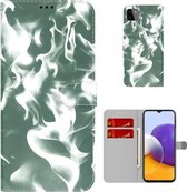 Voor Samsung Galaxy A22 5G Cloud Fog Patroon Horizontale Flip Lederen Case met Houder & Kaartsleuf & Portemonnee (Donkergroen)