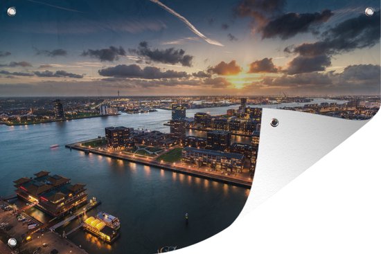 Muurdecoratie Rotterdam - Skyline - Zonsondergang - Nacht - 180x120 cm - Tuinposter - Tuindoek - Buitenposter