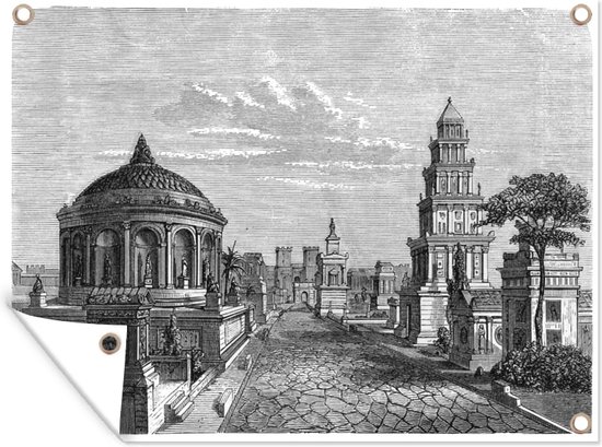 Muurdecoratie buiten Zwart-wit illustratie van de Via Appia in Rome - 160x120 cm - Tuindoek - Buitenposter
