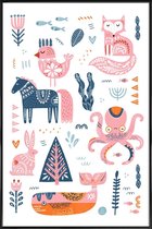 JUNIQE - Poster in kunststof lijst Patchwork Animals -40x60 /Roze &