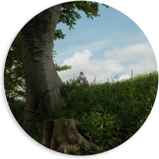 Forex Wandcirkel - Man bij een Boom in het Gras - Foto op Wandcirkel (met ophangsysteem)