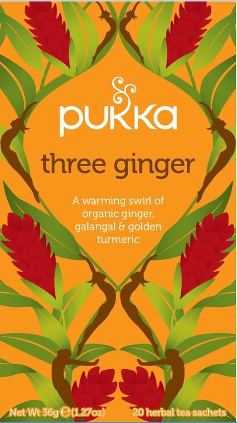 Pukka three ginger biologische thee verpakking met rode gemberbloemen, groene bladeren en bruine gestileerde figuren.