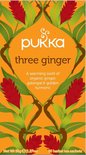 Pukka three ginger biologische thee verpakking met rode gemberbloemen, groene bladeren en bruine gestileerde figuren.