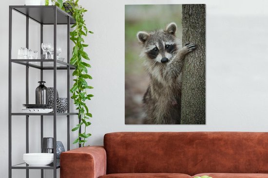 Tableau sur toile Ratons laveurs - Tronc d'arbre - Nature - 90x140 cm - Décoration murale