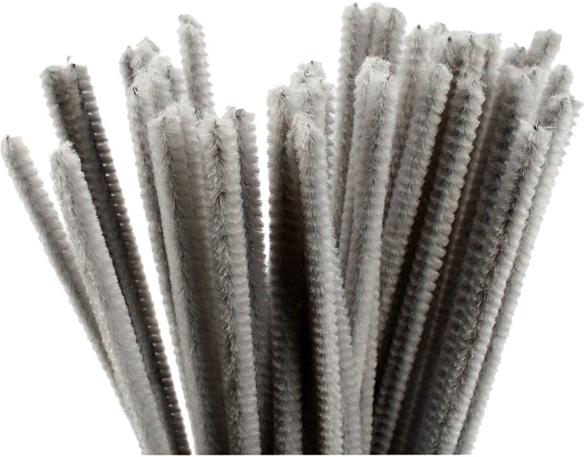 Chenille, L: 30 cm, dikte 6 mm, grijs, 50 stuk/ 1 doos