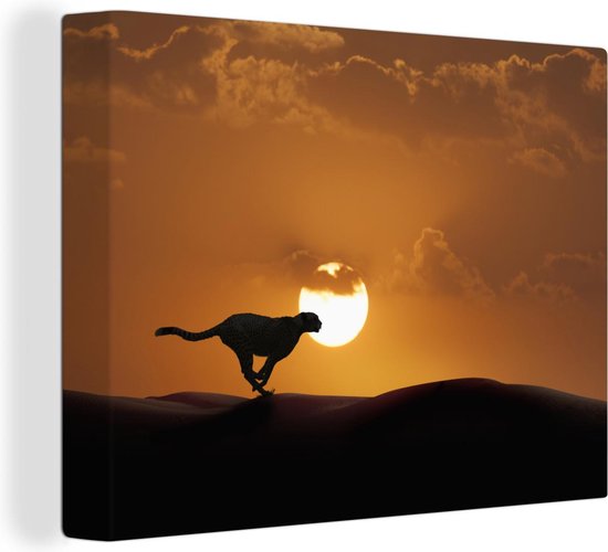 Canvas Schilderij Silhouet van een cheeta in de woestijn - 120x90 cm - Wanddecoratie