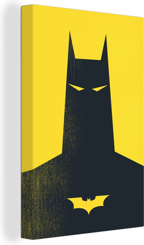 Canvas schilderij 90x140 cm - Wanddecoratie Batman illustratie met een gele achtergrond - Muurdecoratie woonkamer - Slaapkamer decoratie - Kamer accessoires - Schilderijen