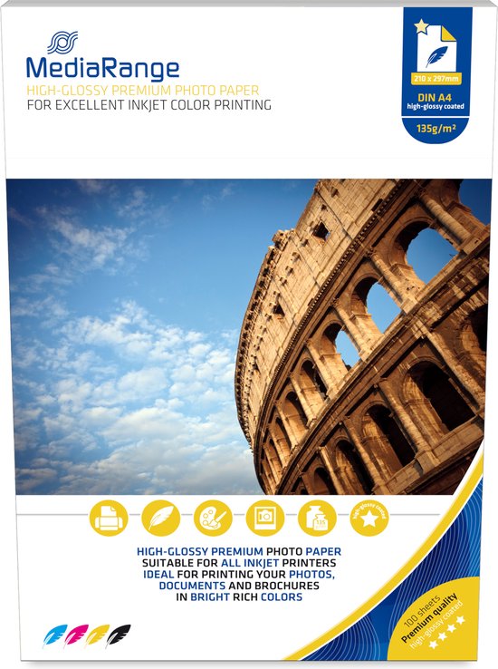 Verpakking van 100 vellen MediaRange A4 glanzend fotopapier, 135 g/m², met een afbeelding van het Colosseum.