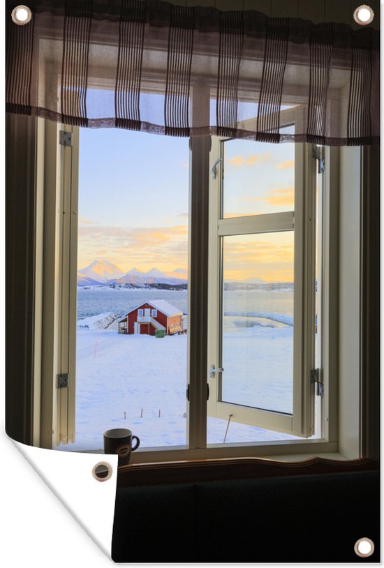 Tuindecoratie Uitzicht op een sneeuwlandschap - 40x60 cm - Tuinposter - Tuindoek - Buitenposter