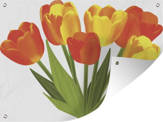 Tuin decoratie Een illustratie van een bos oranje en gele tulpen - 40x30 cm - Tuindoek - Buitenposter