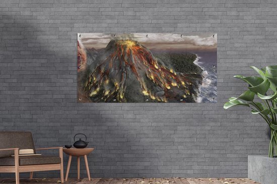 Une illustration d'une photo aérienne d'une affiche de jardin d'éruption volcanique 160x80 cm - Toile de jardin / Toile d'extérieur / Peintures d'extérieur (décoration de jardin)