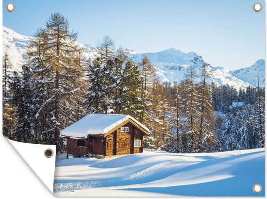 Tuinschilderij Hut in de bergen van Zwitserland tijdens de winter - 80x60 cm - Tuinposter - Tuindoek - Buitenposter