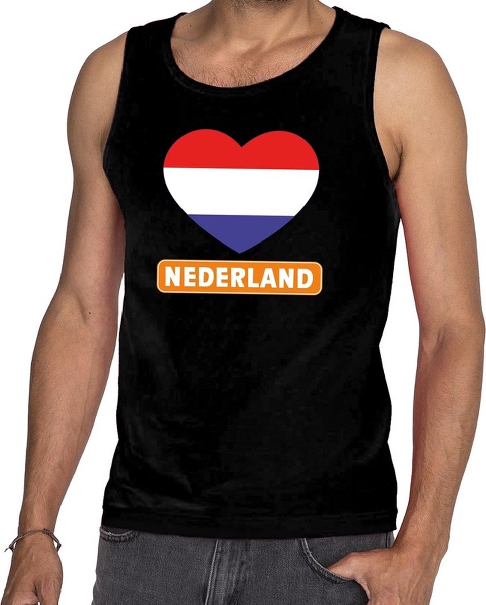 Zwart Nederland hart in vlag singlet/ mouwloos shirt heren - Koningsdag/voetbal kleding S