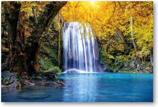 Oase aan waterval - Erawan waterval in de herfst, Thailand - 90x60 Canvas Liggend - Landschap - Natuur