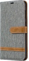 Kleurafstemming Denim Texture Leather Case voor Galaxy A70, met houder & kaartsleuven & portemonnee & lanyard (grijs)
