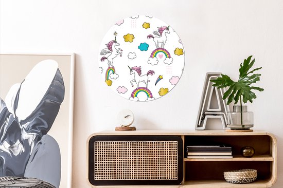 Illustration de licornes sur des arcs-en-ciel Sticker mural cercle papier peint 80x80 cm / cercle papier peint / cercle mural / cercle vivant - autocollant et coupe ronde
