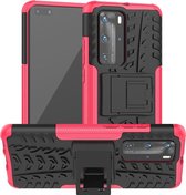 Voor Huawei P40 Pro Tire Texture Shockproof TPU + PC beschermhoes met houder (Rose Red)