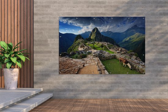 Affiche de jardin Lama au Machu Picchu toile en vrac 180x120 cm - Toile de jardin / Toile d'extérieur / Peintures d'extérieur (décoration de jardin) XXL / Groot format!